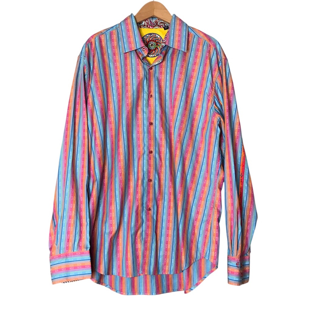 Robert Graham Button Front Long Sleeve Shirt Stripes Geometric Shapes Men's XL